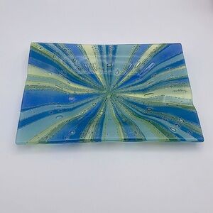 Higgins Glass, Signed, Handcrafted, Fused Glass Ashtray, “Riviera” Pattern, 7”